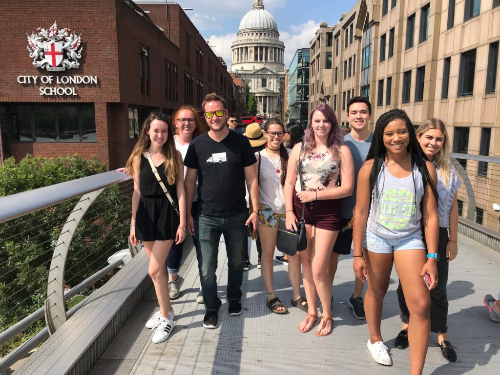 Students crossing Millennium Bridge in London on their way to the Tate Modern