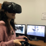 Experimental Digital Graphics (EDG) student, Stephanie Carrazana (senior) testing her project using the department’s VR headset.